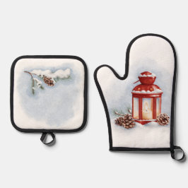 Rote Laterne aus Ofen-Mitt und Pot-Holding Ofenhandschuh & Topflappen-Set