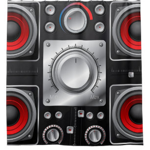 Rote Lautsprecher mit Verstärker und Kontrolle Knö Duschvorhang