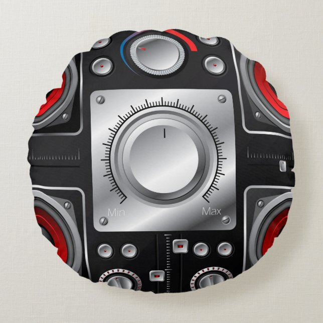 Rote Lautsprecher mit Verstärker und Kontrolle Knö Rundes Kissen (Vorderseite)