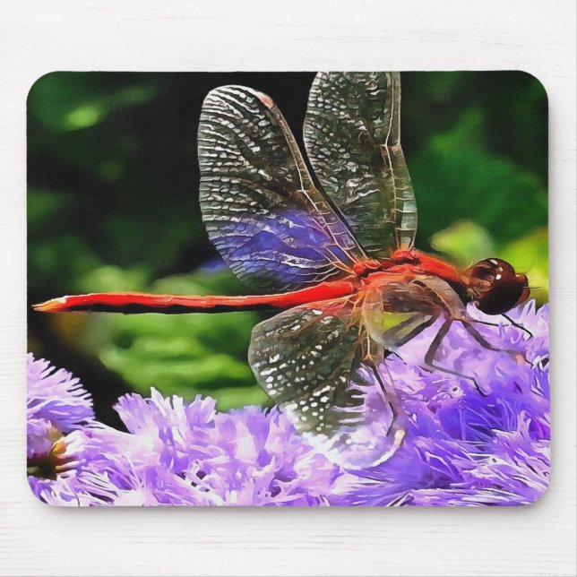 Rote Libelle auf Violet Purple Blumen Mousepad (Vorne)