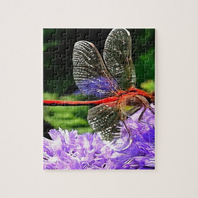 Rote Libelle auf Violet Purple Blumen Puzzle (Vertikal)