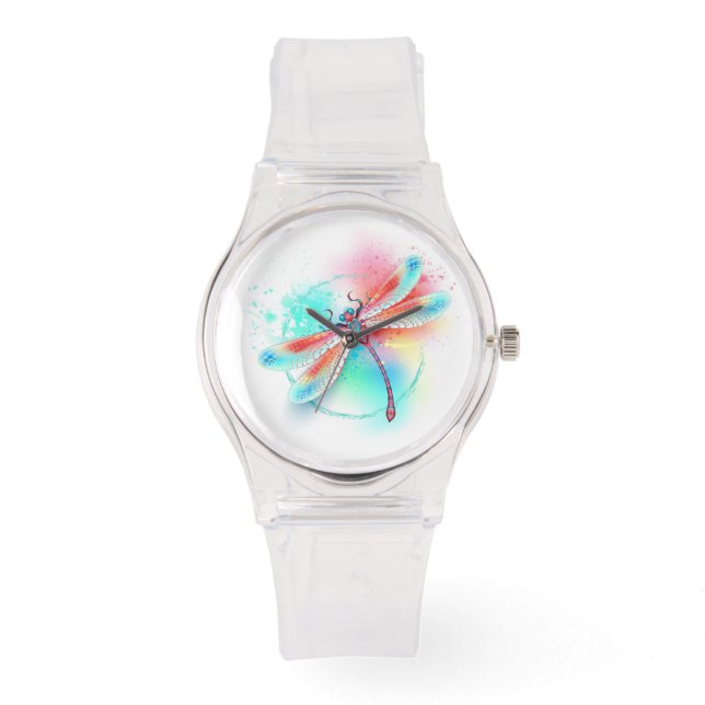 Rote Libelle im Aquarellhintergrund Armbanduhr (Vorderseite)