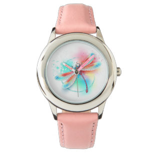 Rote Libelle im Aquarellhintergrund Armbanduhr