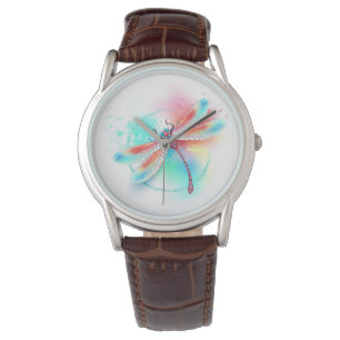 Rote Libelle im Aquarellhintergrund Armbanduhr
