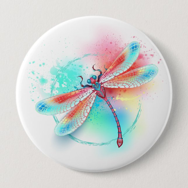 Rote Libelle im Aquarellhintergrund Button (Vorderseite)