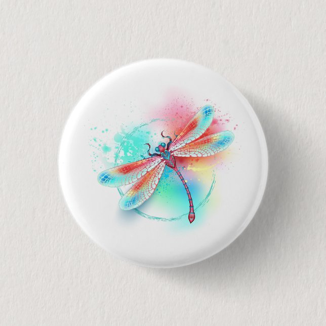 Rote Libelle im Aquarellhintergrund Button (Vorderseite)