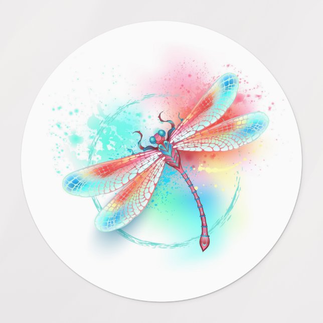 Rote Libelle im Aquarellhintergrund Etiketten (Design 1)