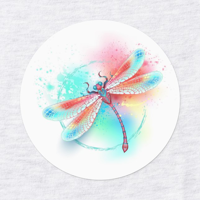 Rote Libelle im Aquarellhintergrund Etiketten (Design 1)