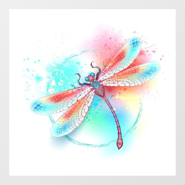 Rote Libelle im Aquarellhintergrund Fensteraufkleber (Blatt)