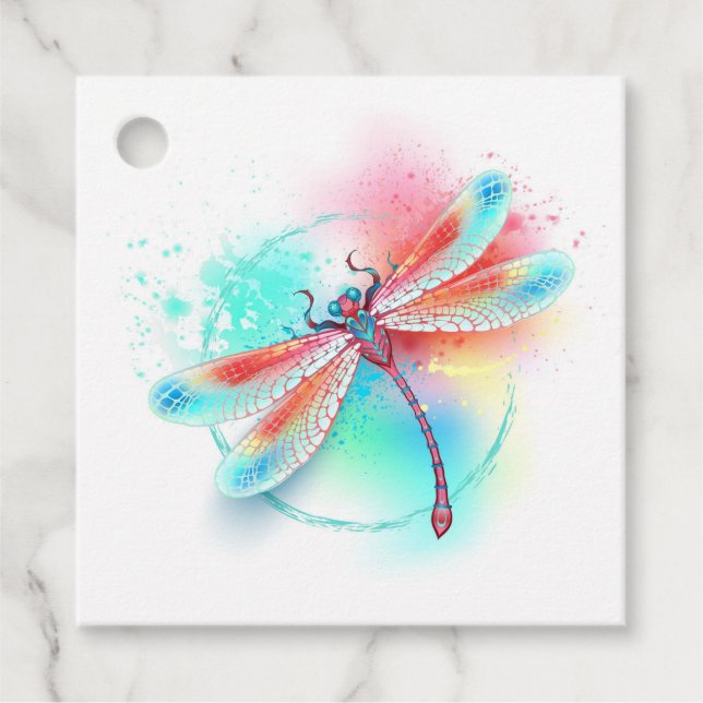 Rote Libelle im Aquarellhintergrund Geschenkanhänger (Vorderseite)