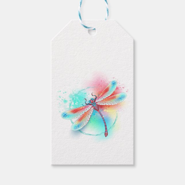 Rote Libelle im Aquarellhintergrund Geschenkanhänger (Vorderseite)