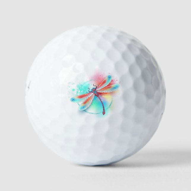 Rote Libelle im Aquarellhintergrund Golfball (Vorderseite)