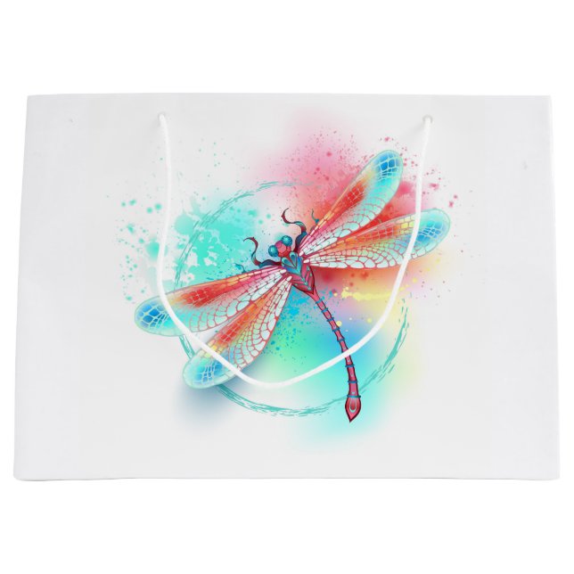 Rote Libelle im Aquarellhintergrund Große Geschenktüte (Vorderseite)