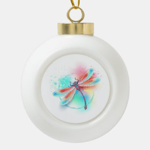 Rote Libelle im Aquarellhintergrund Keramik Kugel-Ornament