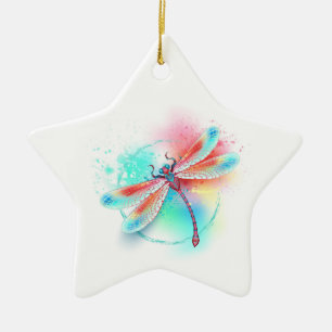 Rote Libelle im Aquarellhintergrund Keramik Ornament