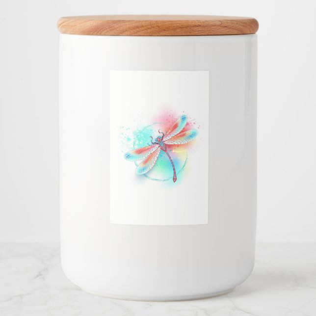 Rote Libelle im Aquarellhintergrund Lebensmitteletikett (Vorderseite)