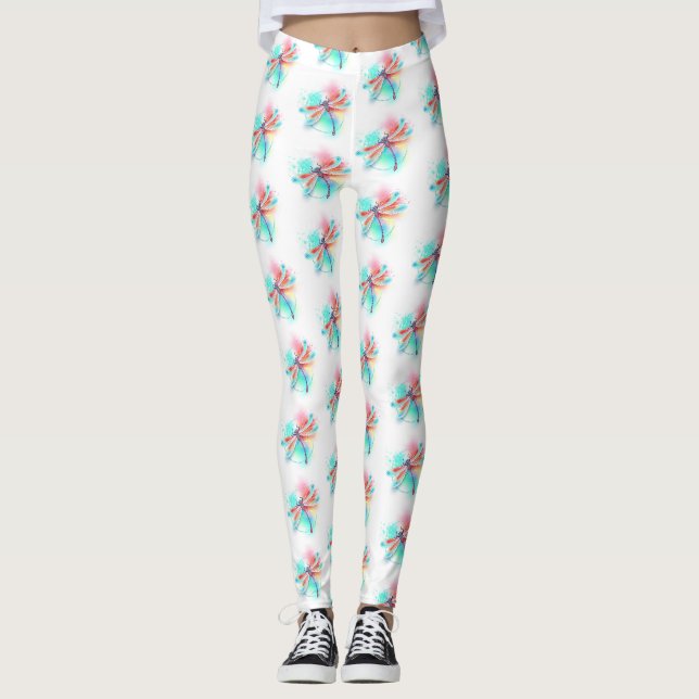 Rote Libelle im Aquarellhintergrund Leggings (Vorderseite)