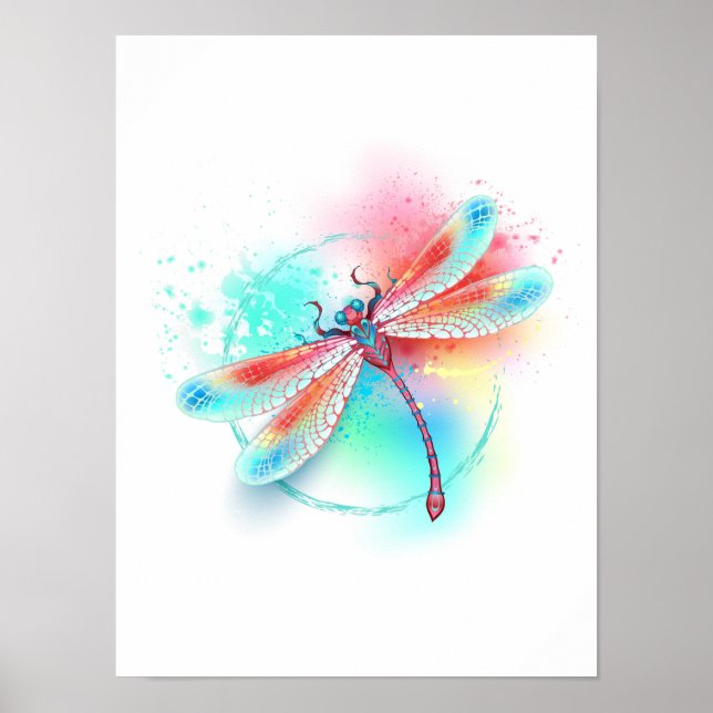 Rote Libelle im Aquarellhintergrund Poster (Vorne)