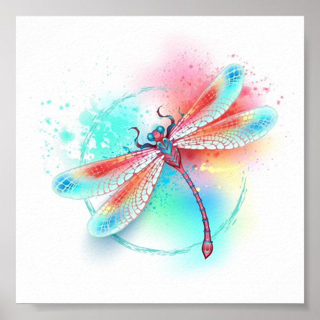 Rote Libelle im Aquarellhintergrund Poster (Vorne)