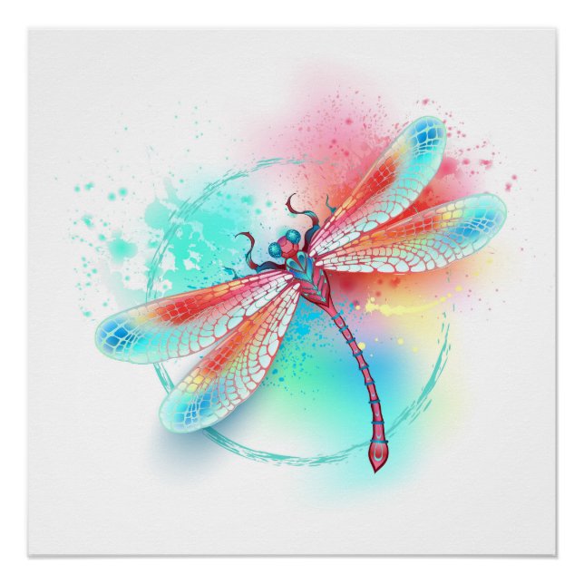 Rote Libelle im Aquarellhintergrund Poster (Vorderseite)