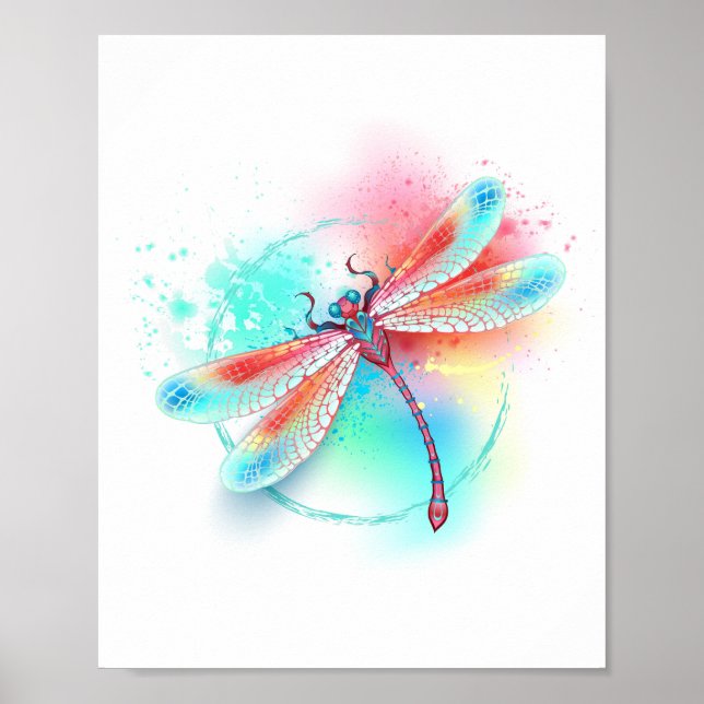 Rote Libelle im Aquarellhintergrund Poster (Vorne)