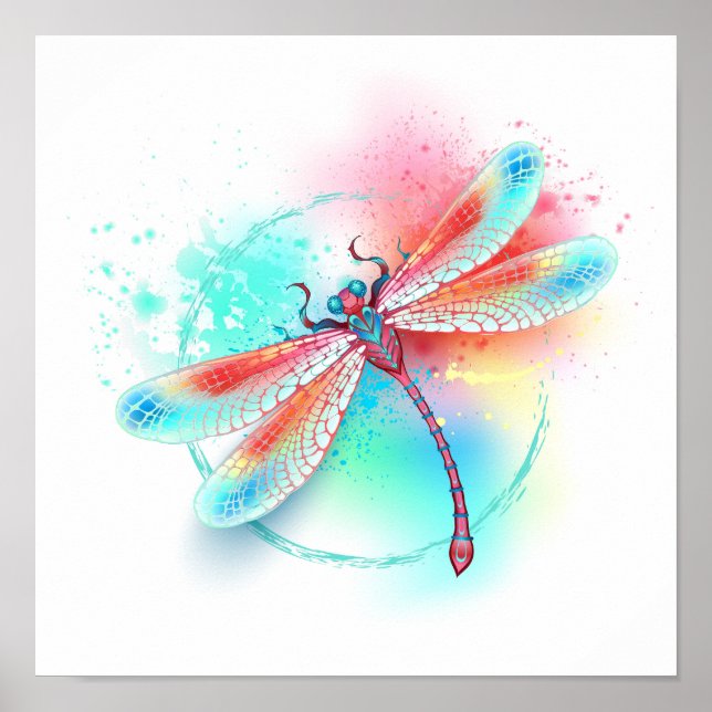 Rote Libelle im Aquarellhintergrund Poster (Vorne)