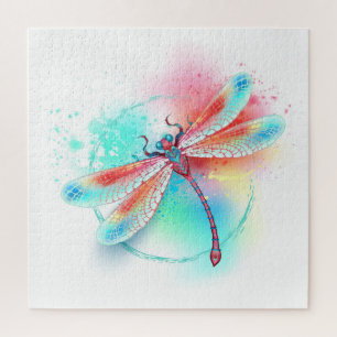 Rote Libelle im Aquarellhintergrund Puzzle