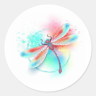Rote Libelle im Aquarellhintergrund Runder Aufkleber