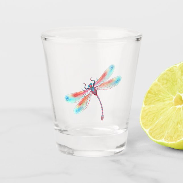 Rote Libelle im Aquarellhintergrund Schnapsglas (Vorderseite)