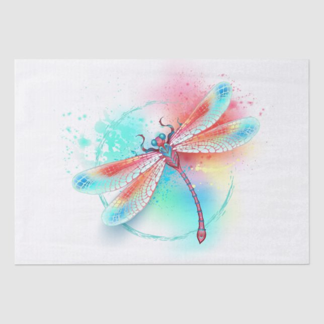 Rote Libelle im Aquarellhintergrund Seidenpapier (Vorderseite)