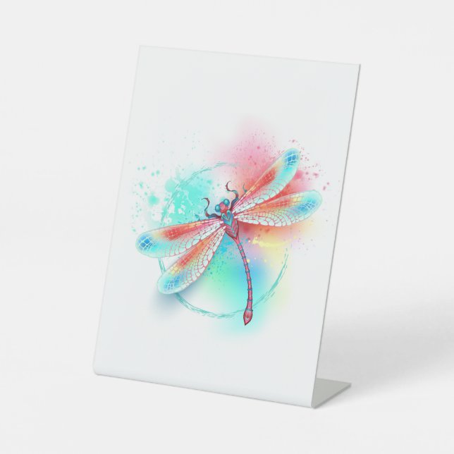 Rote Libelle im Aquarellhintergrund Sockelschild (Vorderseite)