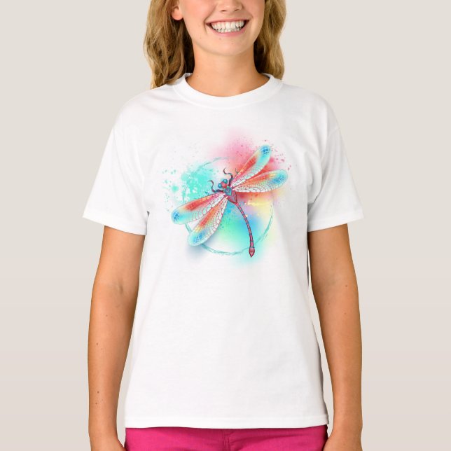 Rote Libelle im Aquarellhintergrund T-Shirt (Vorderseite)