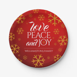 Rote Liebe, Frieden und Freude mit Schneeflocken Pappteller