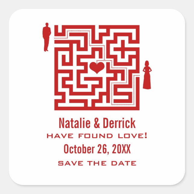 Rote Liebe Maze Save the Date Stickers (Vorderseite)
