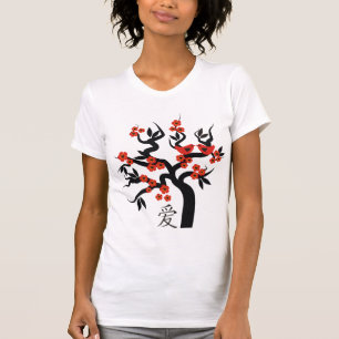 Rote Liebesvögel auf Sakura Tree Chinesische Liebe T-Shirt