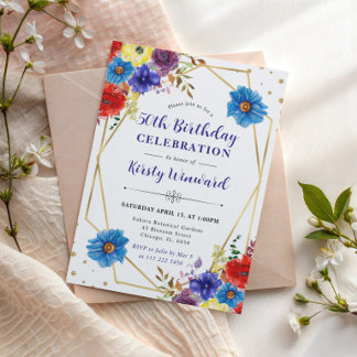 Rote, Lila und blaue Sommer-Blume 50. Geburtstag Einladung