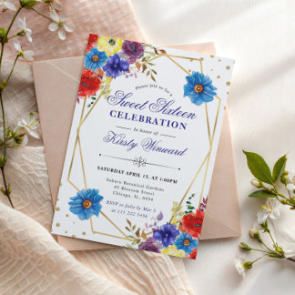 Rote, Lila und blaue Sommer-Blume Rahmen Sweet 16 Einladung