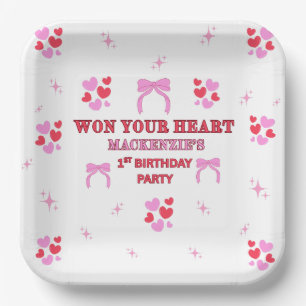 ROTE LILAFARBENE HERZEN GIRL 1. GEBURTSTAG 9x 9 Qu Pappteller