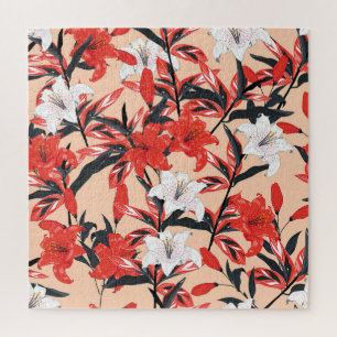 Rote Lilie: Vintage botanisches Muster. Puzzle