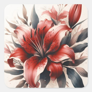 Rote Lilienblume Ästhetik Vintage Wasserfarbe Quadratischer Aufkleber