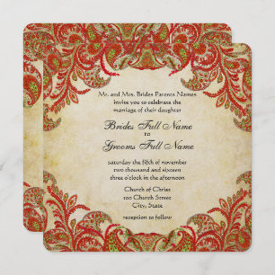 Rote, Limone und orange Vintage Paisley Damask Hoc Einladung