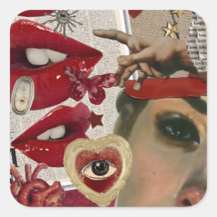 Rote Lippen Collage Fetter Pop-Art Quadrate-Aufk Quadratischer Aufkleber