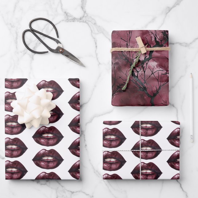 Rote Lippen Himmel Äste Geschenkpapier Set (Vorderseite)