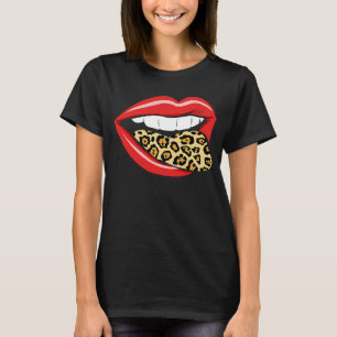 Rote Lippen Leopard Haut Druckmuster Zunge Tier T-Shirt
