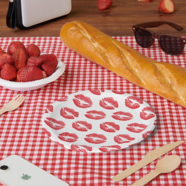 Rote Lippen, Lippenmuster, Roter Lippenstift, Kuss Pappteller (Picknick)
