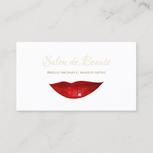 Rote Lippen Makeup Artist Elegantes Gold Script Visitenkarte (Vorderseite)