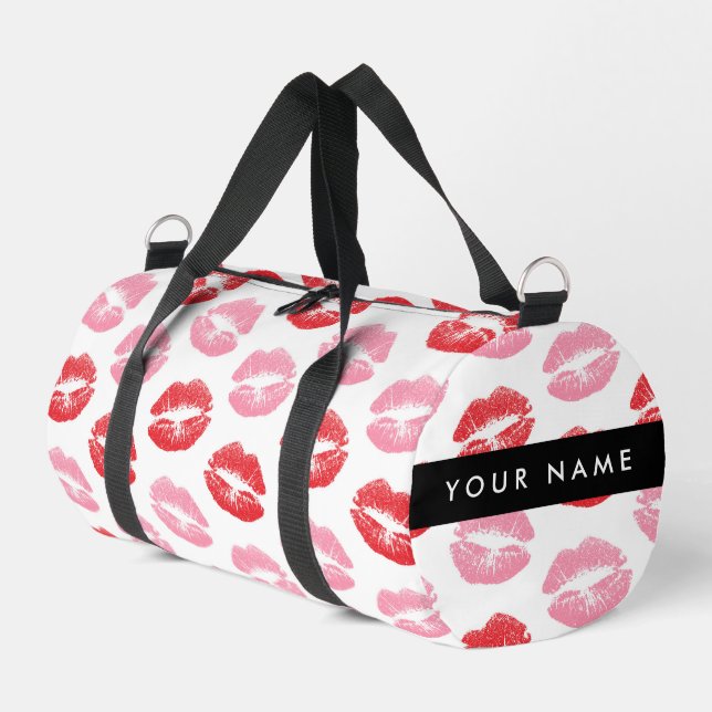 Rote Lippen, rosa Lippen, Kuss, Ihr Name, personal Duffle Bag (Linke Seite)