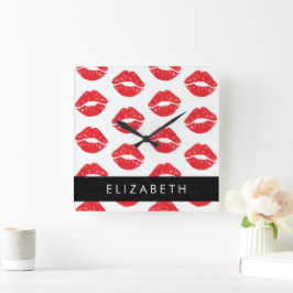 Rote Lippen, roter Lippenstift, Lippenmuster, Ihr  Quadratische Wanduhr