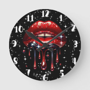 Rote Lippen triefend vor Glitter Glamour Funkelnde Runde Wanduhr