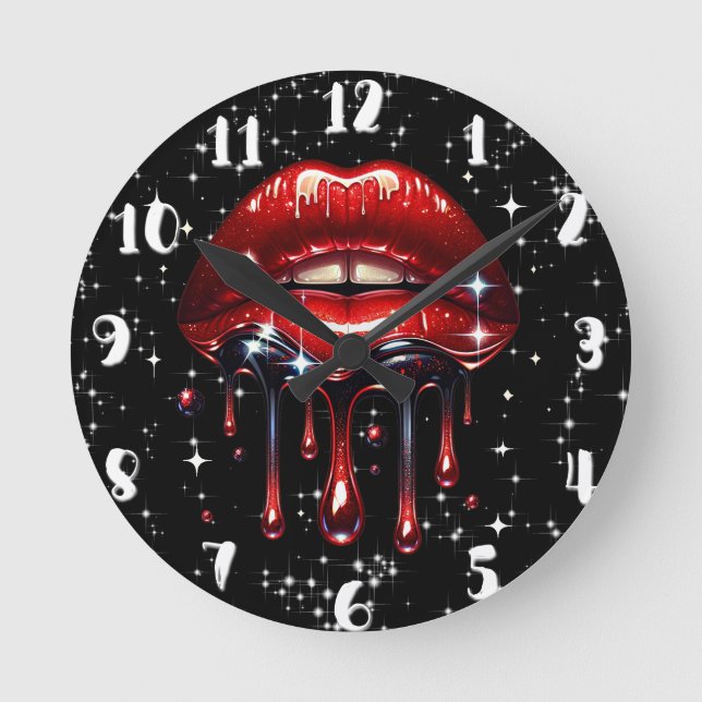 Rote Lippen Tropfen Glitzer Glam Sparkle Geburtsta Runde Wanduhr (Vorderseite)